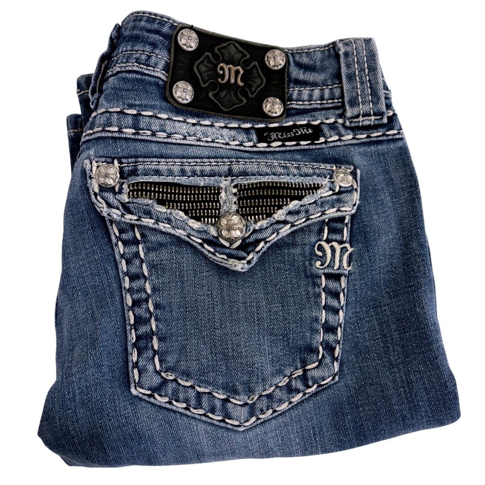 Miss Me Bootcut Blue Jeans Womens L 31x32 Embellished Pockets Low Rise Stretch
